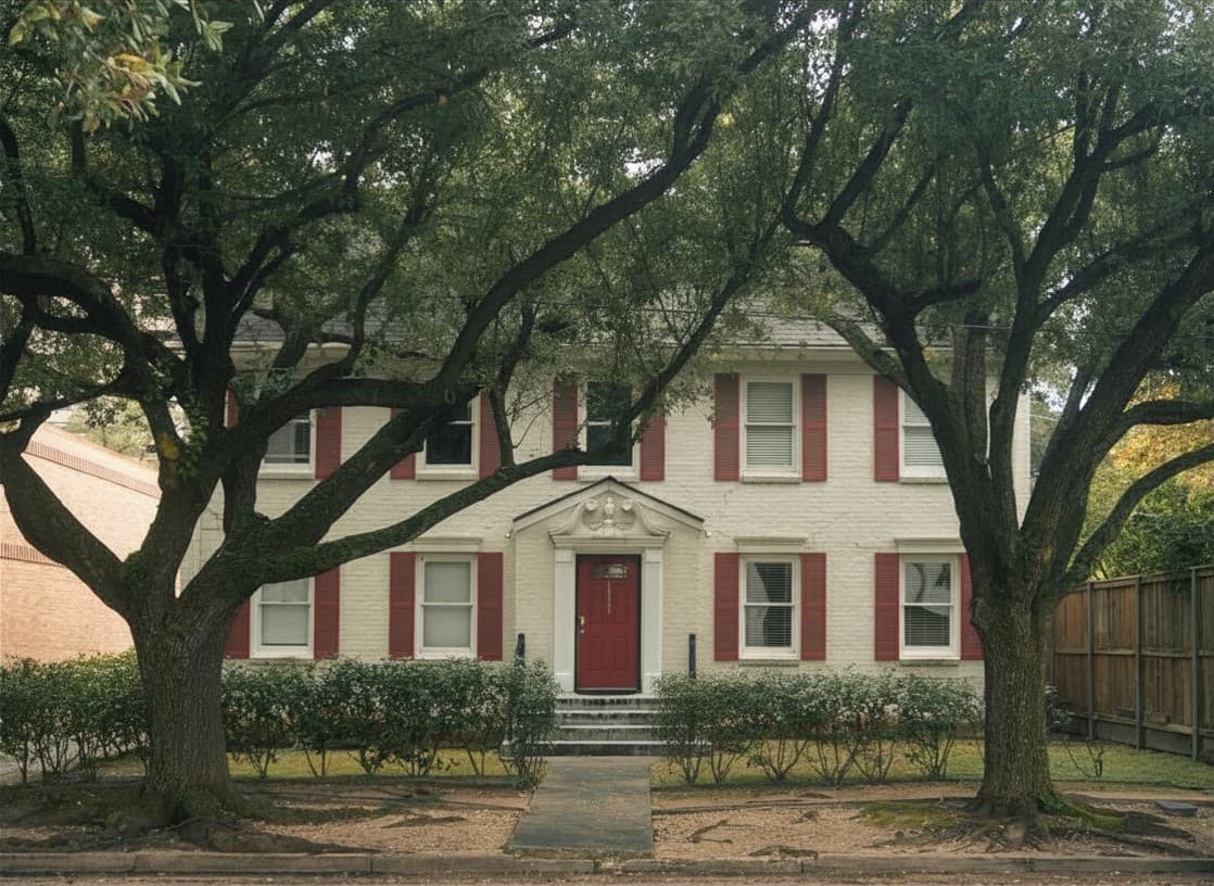Front exterior of a Texas single-family home with mature landscaping.